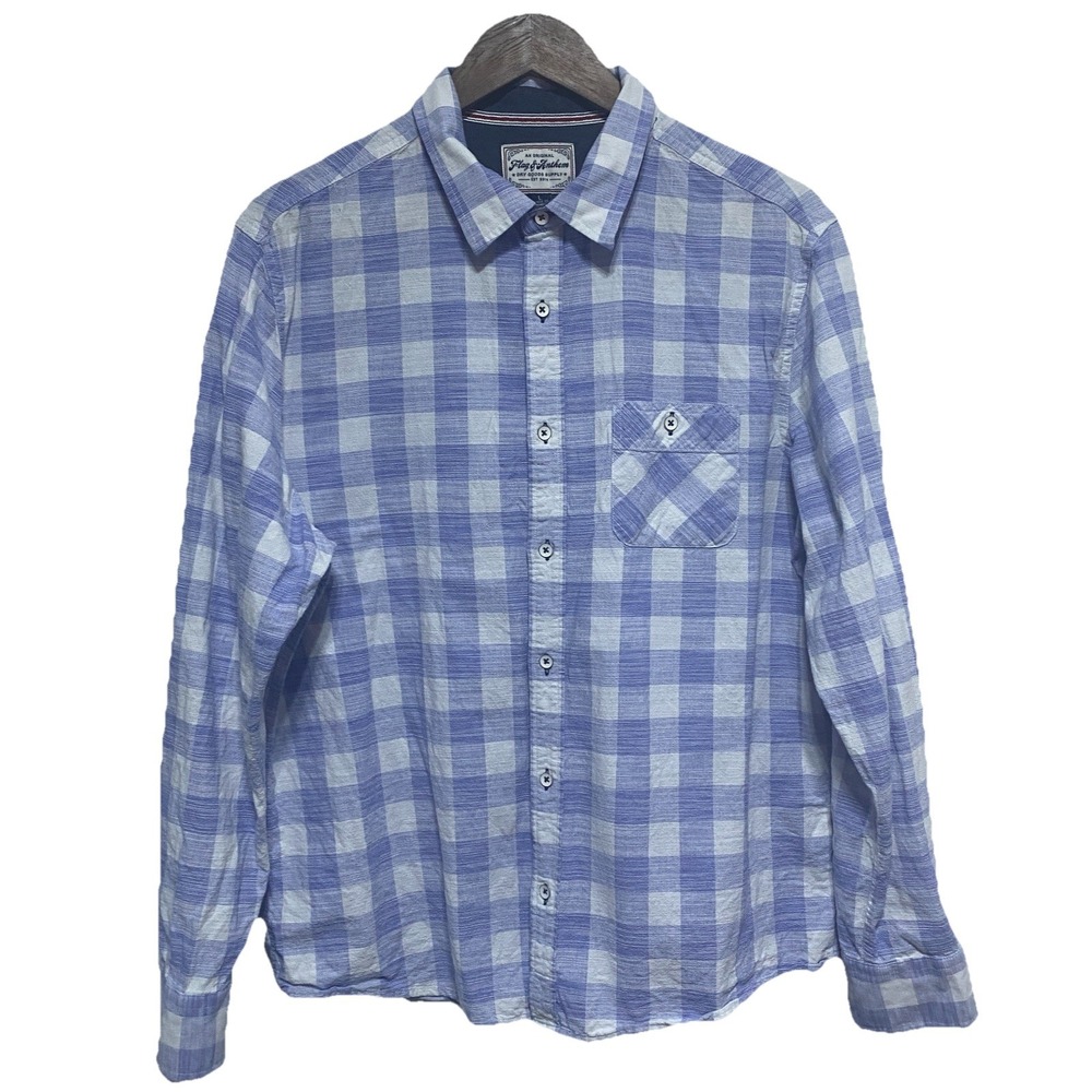 Flag Anthem Shirt Mens L Blue Plaid Cotton Button Front Long Sleeve Casual